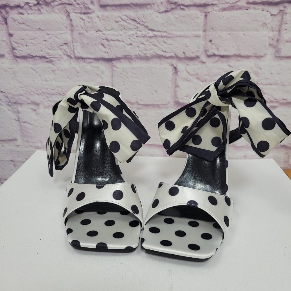 Polka Dot Bow Ribbon Ankle Tie Sandals 4.5" Heels Square Toe Sz 9 Stiletto Retro